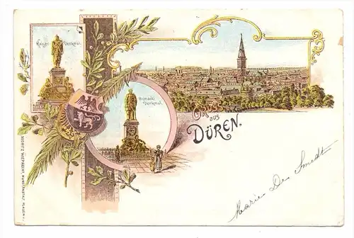 5160 DÜREN, Krieger-Denkmal, Bismark-Denkmal, Totalansicht, Lithographie, 1902