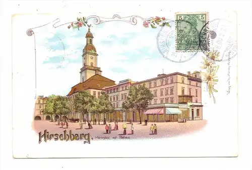 NIEDERSCHLESIEN - HIRSCHBERG / JELENA GORA, Marktplatz, Rathaus, 1900, Lithographie, GOLDEN WINDOWS