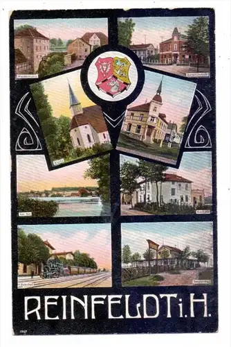 2067 REINFELD, Bahnhof, Seepavillon, Bahnhofshotel, Wassermühle, Kirchen..., 1915