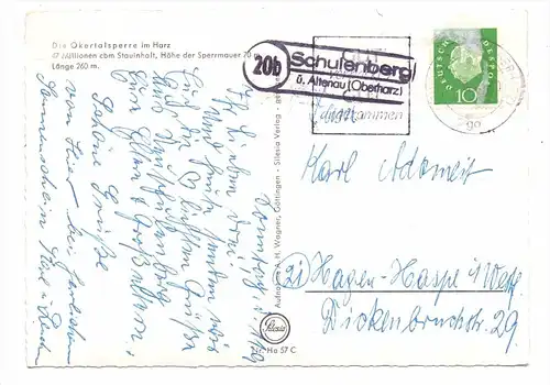 3392 CLAUSTHAL - ZELLERFELD - SCHULENBERG, Postgeschichte, Landpoststempel "Schulenberg b. Altenau", 1960