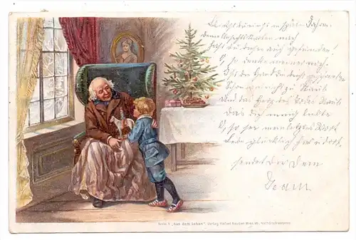WEIHNACHTEN - Grossvater & Enkel mit Spielzeug Holzpferd, Lithographie, 1900