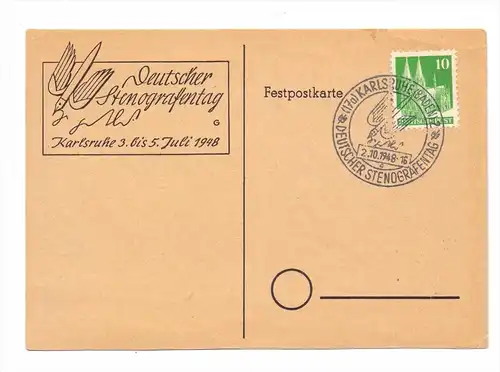 7500 KARLSRUHE, Deutscher Stenografentag 1948, Sonder-AK mit Sonderstempel