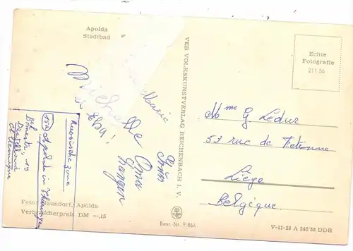 0-5320 APOLDA, Stadtbad, , 1956, hinterklebt