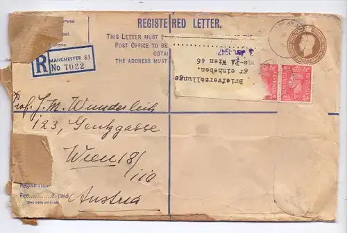 GROSSBRITANIEN - 1947, Einschreib-Ganzsachen-Brief, Briefverzollungsgebühr Wien, v. Manchester nach W"ien