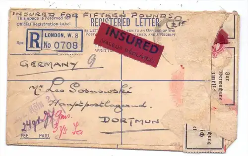 GROSSBRITANIEN - 1938, Einschreib-Brief, Versichert, Devisenkontrolle Köln, v. London nach Dortmund gelaufen