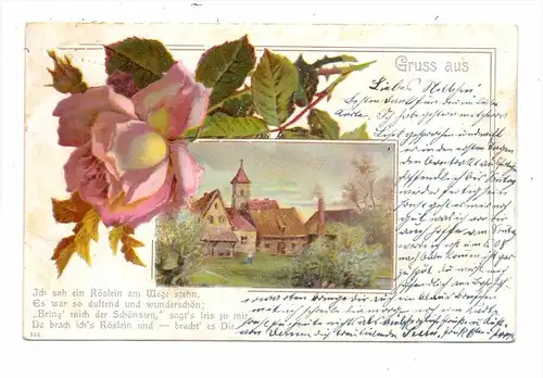 GRUSS AUS... Lithographie, 1901, Rose und Dorfansicht