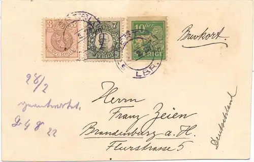SVERIGE / SCHWEDEN 1922, 3-Farben-Frankatur auf Postkarte, Anfrage an einen Notgeld-Händler in Brandenburg