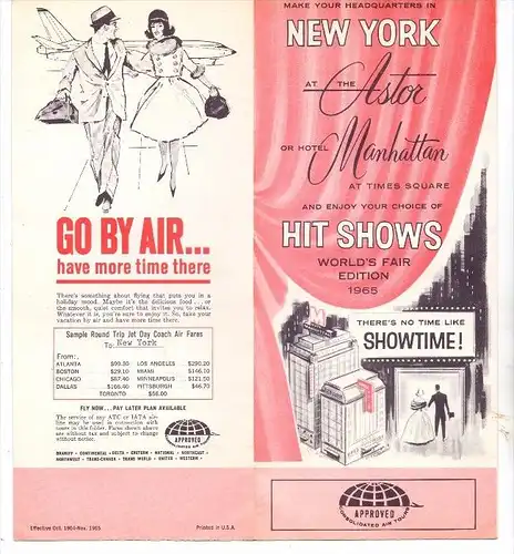 USA - NEW YORK CITY - ASTOR MANHATTAN Hotel, Werbeprospekt zur World Fair 1965