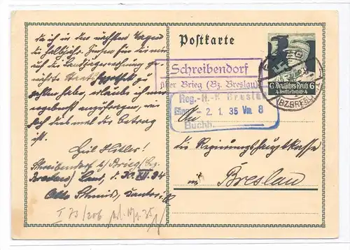 OBER-SCHLESIEN - SCHREIBENDORF / SARBY über Brieg, Landpoststempel auf GA, 1936