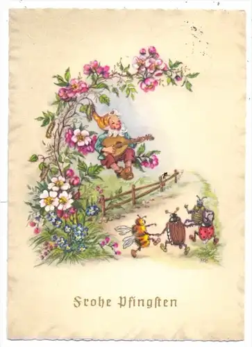 ZWERGE / Gnome / Dwarfs / Nani / Dwergen / Enanos - Künstler-Karte, Musizierender Zwerg, tanzende Käfer