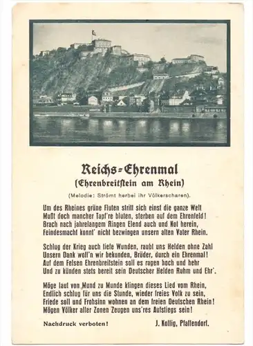 5400 KOBLENZ, Reichs-Ehrenmal, Lieder-Karte, J.Kollig, Paffendorf