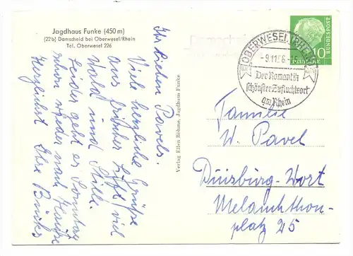 6532 OBERWESEL - DAMSCHEID, Jagdhaus Funke, Landpoststempel Damscheid, 1956