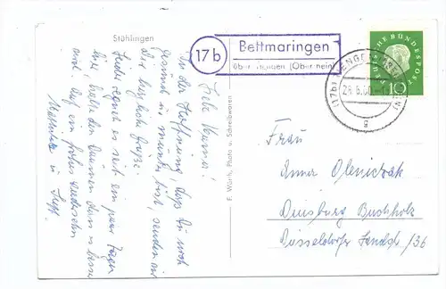7894 STÜHLINGEN, Schloß Hohenlupfen, Landpoststempel Bettmaringen, 1960