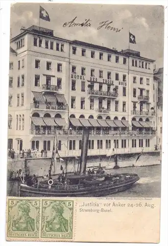 CH 4000 BASEL BS, Binnenschiff "Justitia" vor dem Hotel des Trois Rois, 1905