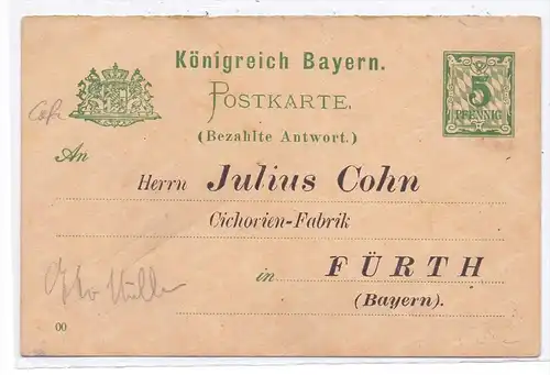 8510 FÜRTH, Ganzsache mit Zudruck, Cichorien-Fabrik (Cafe) Julius Cohn / Judaica
