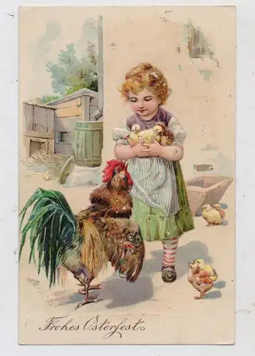 OSTERN - Mädchen mit Huhn und Küken, 1908, Präge-Karte, embossed / Relief