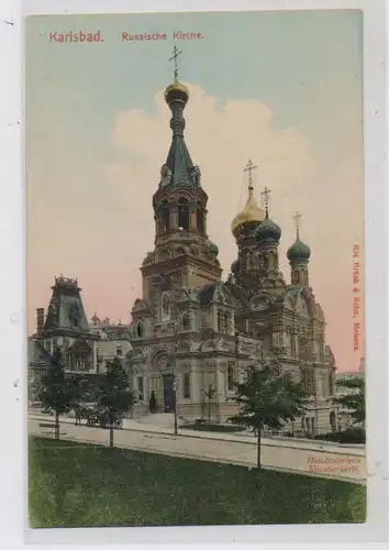 BÖHMEN & MÄHREN - KARLSBAD / KARLOVA VARY, Russische Kirche, Kutsche, handcoloriert