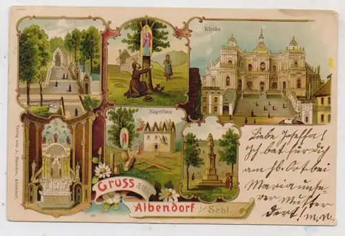 NIEDER - SCHLESIEN - ALBENDORF / WAMBIERZYCE (Glatz), Lithographie, Kirche, Engelbau, Denkmal...