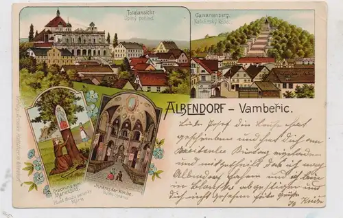 NIEDER - SCHLESIEN - ALBENDORF / WAMBIERZYCE (Glatz), Lithographie 1901, Calvarienberg, Marienbild, Kircheninnenansicht.