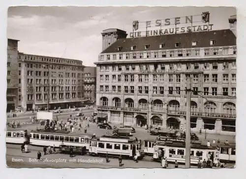 4300 ESSEN, Bahnhofsvorplatz, Handelshof, Strassenbahn mit Anhänger, Oldtimer, 1957
