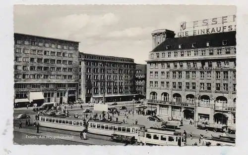 4300 ESSEN, Bahnhofsvorplatz, Handelshof "Die Stadt Essen begrüßt ihre Heimkehrer", Strassenbahn mit Anhänger, 1956