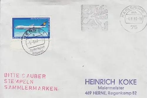 4690 HERNE, POSTGESCHICHTE, "Nachträglich entwertet" 5.3.80,. Michel 1043