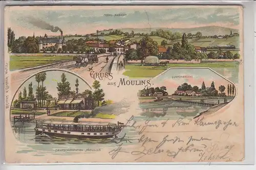 F 57160 MOULINS - LES - METZ, Lithographie, u.a. Dampfschiffanlegestelle, Pontonbrücke