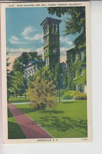 USA - SOUTH CAROLINA - GREENVILLE, Main Building and Bell Tower Furman University, Linen-card