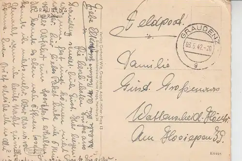 WESTPREUSSEN - GRAUDENZ - Rathaus, Feldpost 1942, Kl.Eckknick