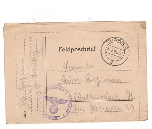 WESTPREUSSEN - THORN / TORUN, Feldpostbrief 1942, Heeresunteroffiziersschule Marienwerder