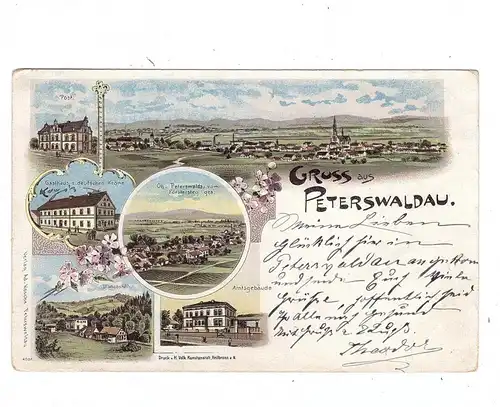 NIEDER-SCHLESIEN - PETERSWALDAU / PIESZYCE, (Reichenbach), Lithographie 1899, Gasthaus, Post, Amtsgebäude...
