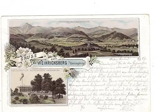 NIEDER-SCHLESIEN - WARMBRUNN / CIEPLICE SLASKIE ZDROJ, Lithographie, Gruß aus Weihrichsberg, 1897