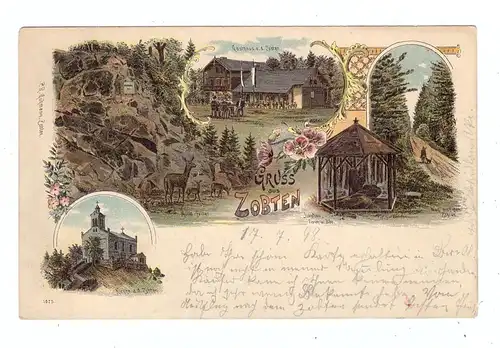 NIEDER-SCHLESIEN - ZOBTEN am Berge / SOBOTKA, Lithohgraphie 1898, Gasthaus, Kirche, Jungfrau, Fisch & Bär..