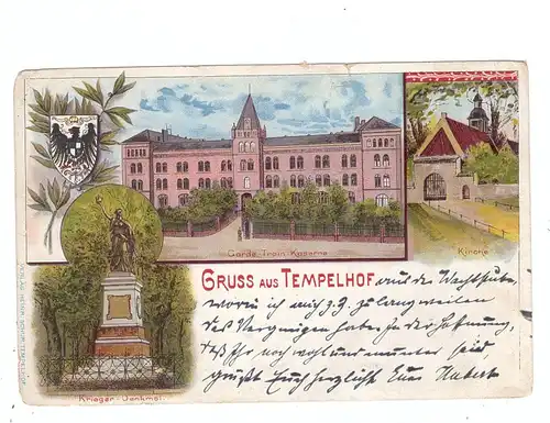 1000 BERLIN  - TEMPELHOF, Lithographie 1899, Garde-Train-Kaserne, Kirche, Krieger-Denkmal, an 2 Stellen hinterklebt