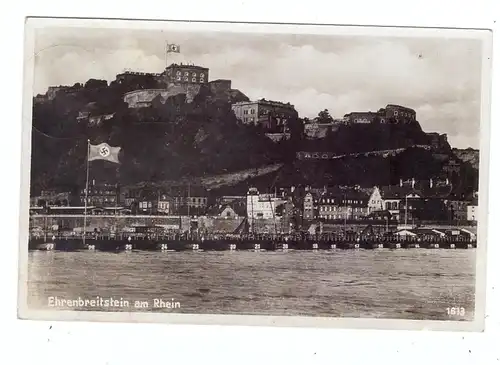5400 KOBLENZ - EHRENBREITSTEIN, Festung und Schiffsbrücke mit NS-Beflaggung, 1937, rücks. Fleck