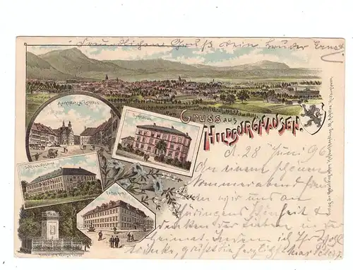 0-6110 HILDBURGHAUSEN, Lithographie 1896, Schloß-Kaserne, Gymnasium, Technikum, Marktplatz....