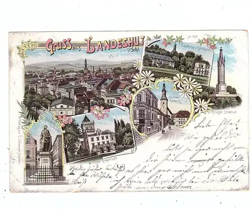 NIEDER-SCHLESIEN - LANDESHUT / KAMIENNA GORA, Lithographie, Schloss Kreppelhof, Denkmal, Oberthor, Kirche, Gymnasium