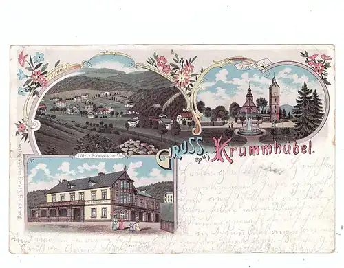 NIEDER-SCHLESIEN - KRUMMHÜBEL, Lithographie 1897, Hotel zum Preussischen Hof, Kirche Wang, Dorfansicht