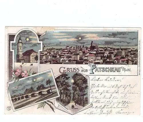 OBER-SCHLESIEN - PATSCHKAU / PACZKOW, (Oppeln), Lithographie, Neisse-Brücke, Rathaus, Promenade, Ortsansicht