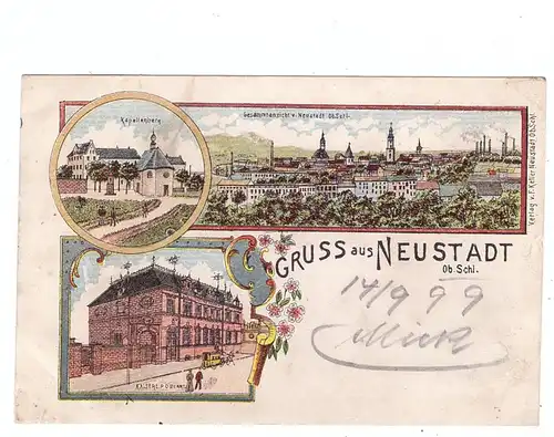 OBER-SCHLESIEN - NEUSTADT / PRUDNIK, Lithographie 1899, Kapellenberg, Kaiserliches Postamt Gesamtansicht