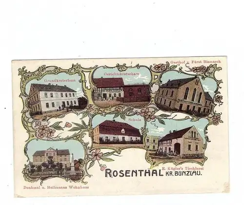 NIEDER-SCHLESIEN - ROSENTHAL Kreis Bunzlau, Lithographie, Gasthof Fürst Bismarck, Küglers Tischlerei, Kretscham...