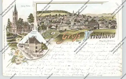 NIEDER-SCHLESIEN - FRIEDLAND / MIEROSZOW (Waldenburg), Lithographie 1899, Postamt, Ev. Kirche, Gesamtansicht