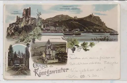 5330 KÖNIGSWINTER, Lithographie 1896, Drachenfelsbahn -Zahnradbahn, Drachenburg, Drachenfels,Panorama mit Binnenschiffen