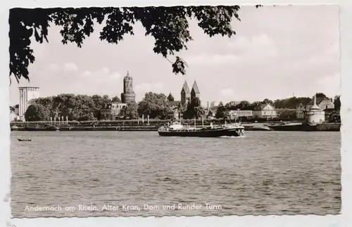 5470 ANDERNACH, Alter Kran, Dom und Runder Turm, Rhein - Frachtschiff