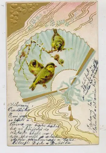 GRUSSKARTE - JUGENDSTIL, Spatzen im Fächer, Präge-Karte, embossed / Relief, 1905
