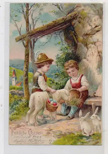 OSTERN - Kinder mit Lamm und weissen Hasen, Präge-Karte, embossed, relief, ca. 1900