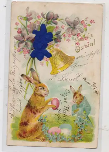 OSTERN - Hasen, Glocke, Eier, Blumenschmuck, Präge-Karte, embossed, relief, ca. 1900