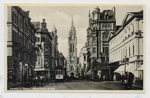 4150 KREFELD, Adolf - Hitler - Strasse, Strassenbahn / Oldtimer, Fahnenschmuck