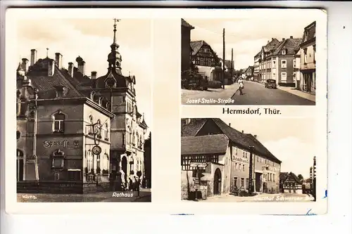 0-6530 HERMSDORF, Josef-Stalin-Strasse, Gasthof "Schwarzer Bär", Rathaus, 1954