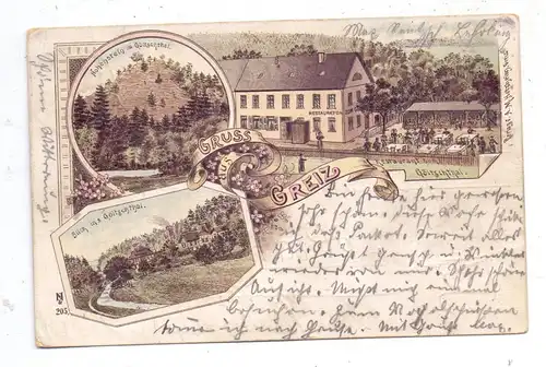 0-6600 GREIZ, Lithographie 1899, Restaurant zum Göltschthal, Hohenstein, Blick ins Gölschthal, Druckstelle